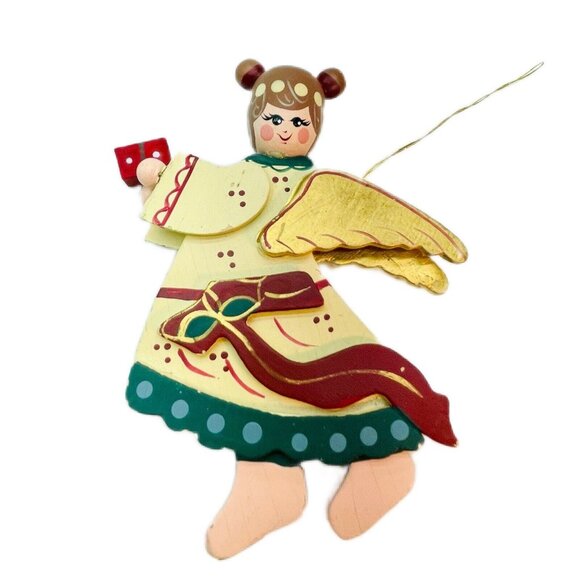 Unbranded Other - Vintage Whimsical Wooden Angel Gold Wings Handmade Christmas Old Charm Ornament